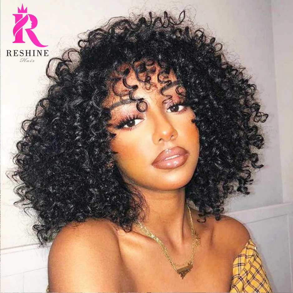 RESHINE Short Curly Bob Wigs Mongolian Human Hair With Bang Scalp Top Full Machine Made For Black Women | Шиньоны и парики