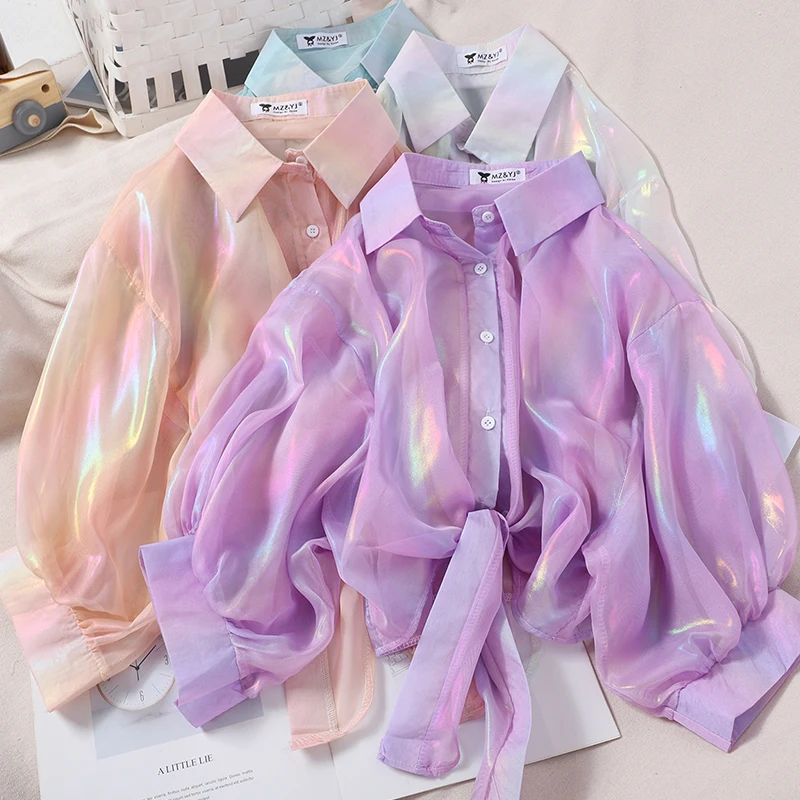 

Woman Blouses 2021 Sparkles Shinning Chiffon Shirts Button Up Women's Blouse shirts Tied Up Waist Transperant Tops