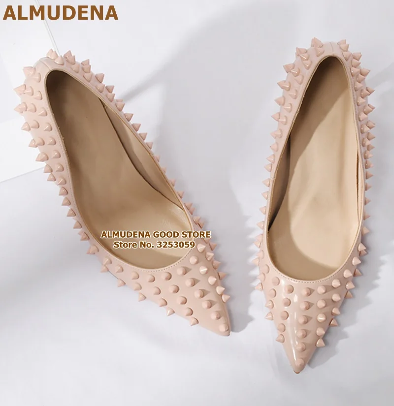 nude 12cm heel ALMUDENA/туфли-лодочки с заклепками на каблуке 12 см, 10 см, 8 см модельные туфли с острым носком на шпильке дизайнерская Свадебная обувь с закрытым носком размеры 45 - Цвет: nude 12cm heel
