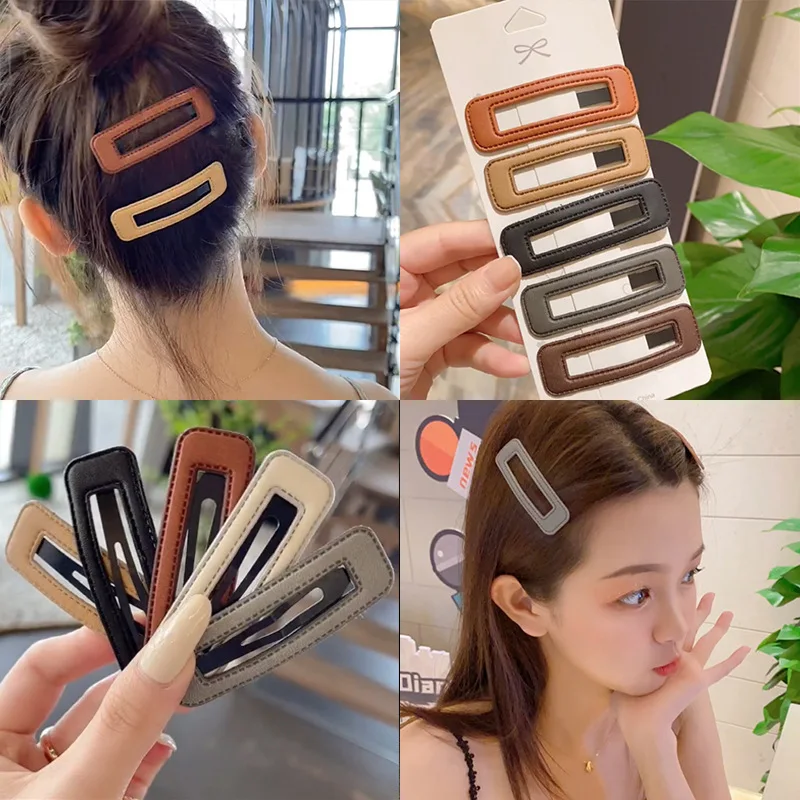 

Fashion Simple PU Leather Square Hollow Out Hairpin BB Clip For Womans Girl Vintage Bangs Side Clip Barrette Hair Accessories Ne