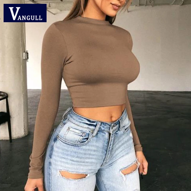 

Однотонная короткая футболка Vangull, Женская весенне-осенняя одежда с длинным рукавом и круглым вырезом, модная Повседневная Базовая женская ...