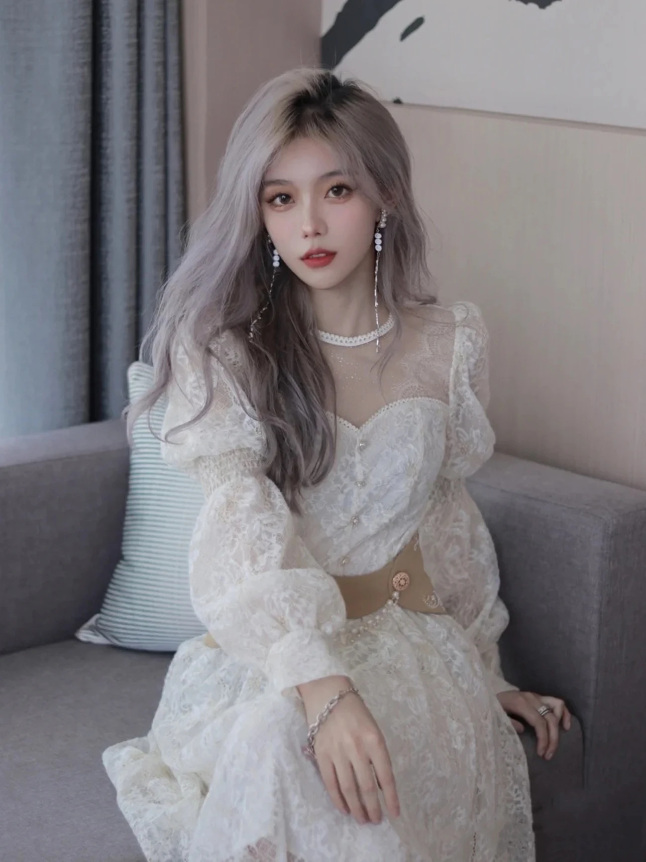 

French Style Women's Elegant Evening Dresses Puff Sleeve Illusion High Collar A-Line Slim Lace Dress Valentine's Day Gowns