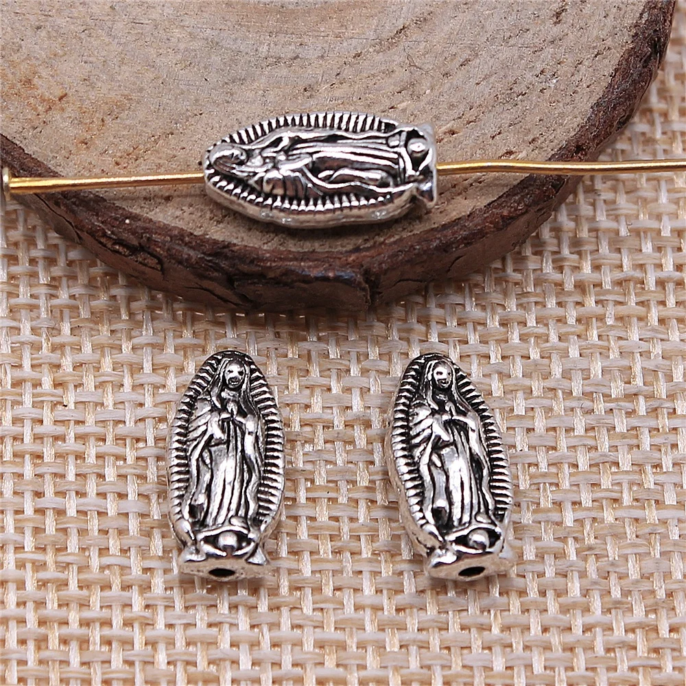 

40pcs 8x15mm antique silver Double-sided Virgin Mary perforated beads charms diy retro jewelry fit Earring keychain pendant