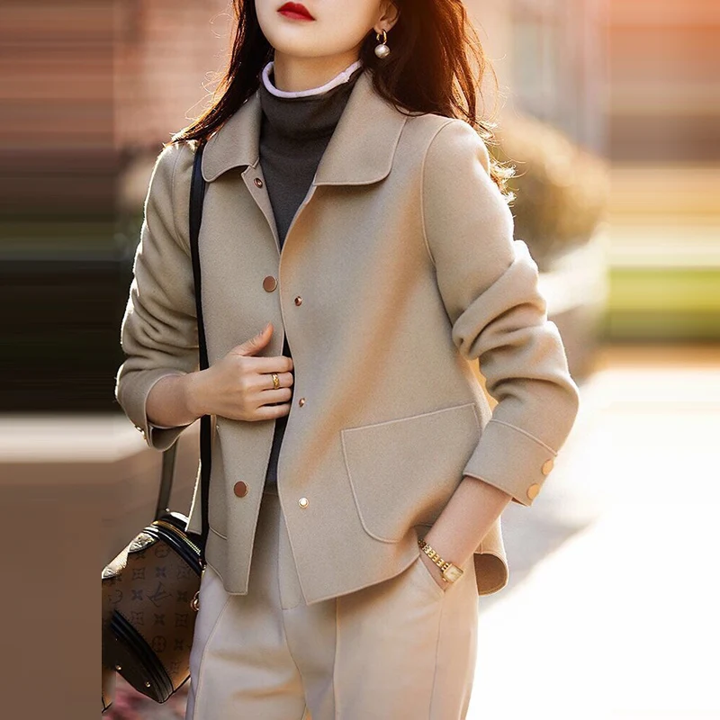 

Spring Elegant Woolen Lapel Jacket Women Fashion Retro Long Sleeve Single-Breasted Coat High Quality Chic Casual Ladies Outwear