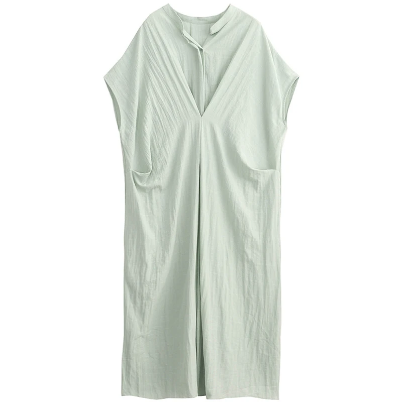 

CHICEVER Oversized Dress For Women V Neck Short Sleeve Loose Ruched Solid Vintage Mid Dresses Female 2020 Spring Clothing Style