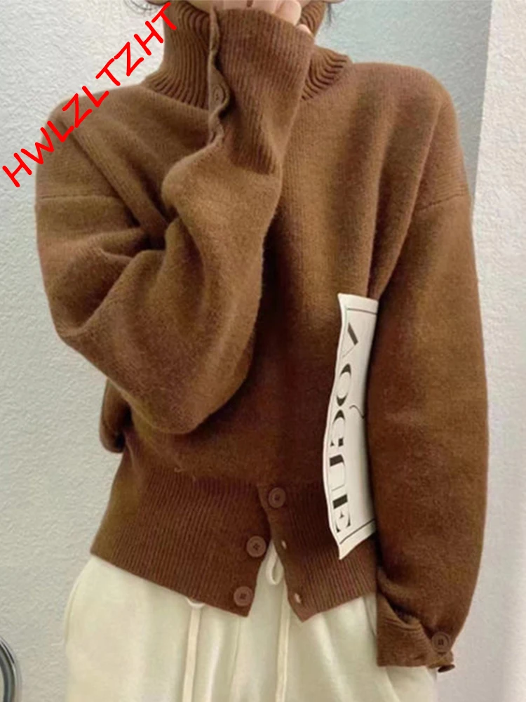 

2022 Pullover Knit Sweaters Women's Spring Turtleneck Loose Sweater Chic Button Autumn Female Casual Solid Knitting Sweater Tops