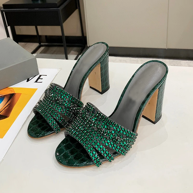 Женские мюли 2020 стразы туфли с открытым носком и кристаллами со стразами каблук 10