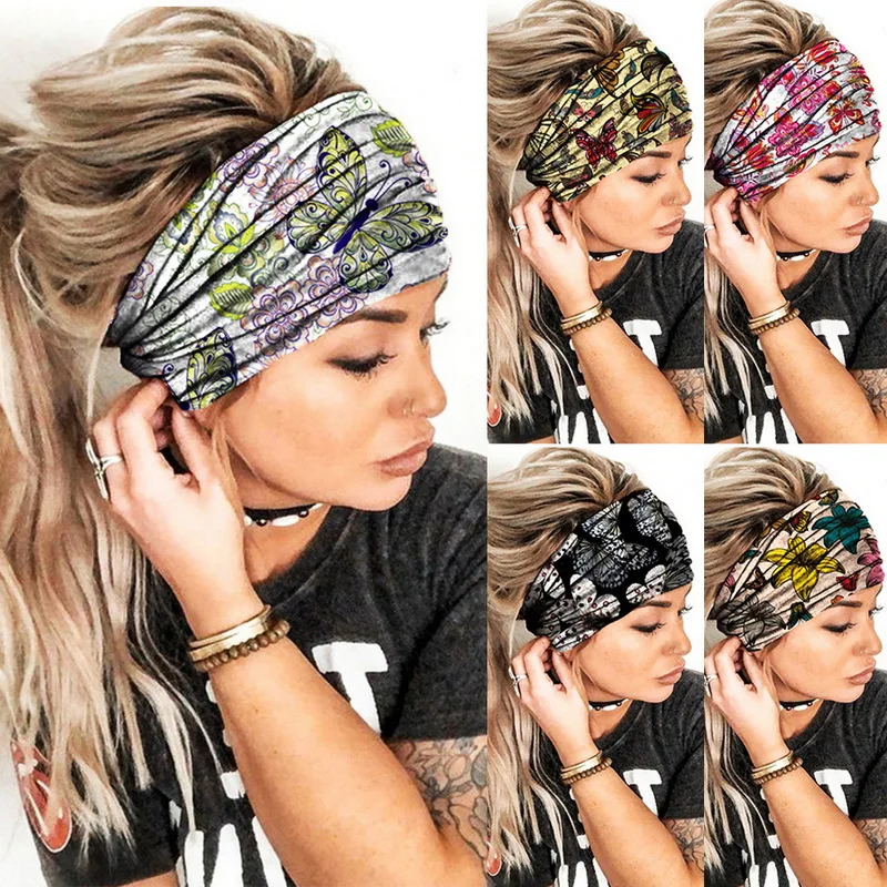 Новый Boho хлопок широкий Тюрбан повязка для волос женщин и девочек принт с