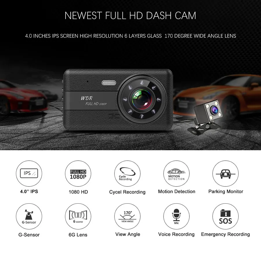 Olysine новейший 4 дюймовый Dashcam Full HD 1080P Автомобильный видеорегистратор с двумя