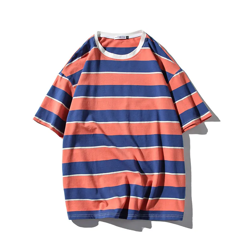 

Korean Version of The Trend of Summer Men's Round Neck Striped Personality Simple and Versatile Casual Loose Summer Ins Striped