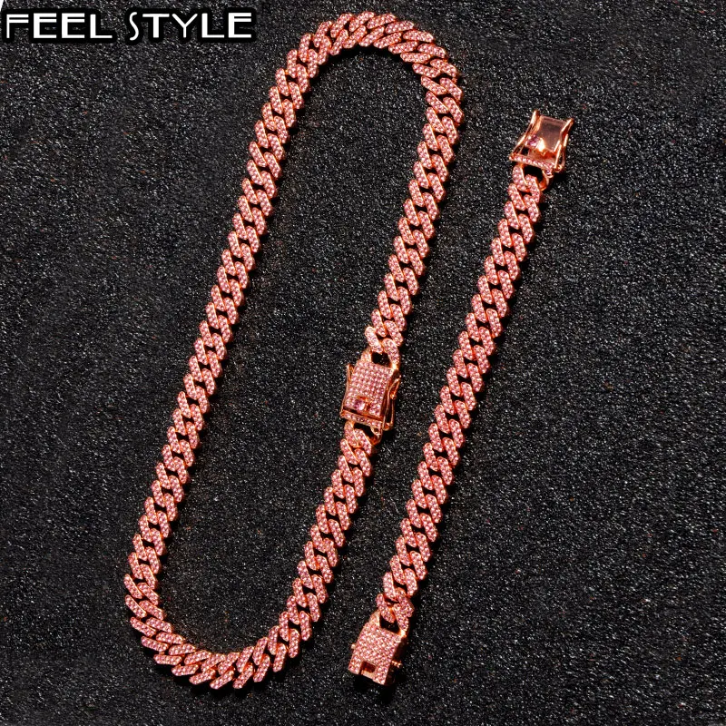 

Hip Hop 1Set 12MM Full Iced Out Paved Rhinestones Miami Prong Cuban Chain CZ Bling Rapper Necklaces Bracelets For Men Jewelry