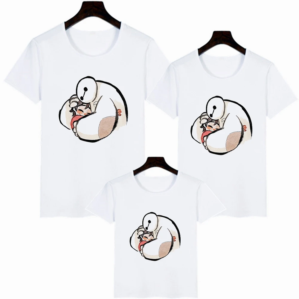 

Disney Hug Big Hero 6 Baymax Hiro Print Women T-Shirt Casual White Harajuku Kids Tops Children Girl Boy Famliy Look Dropship