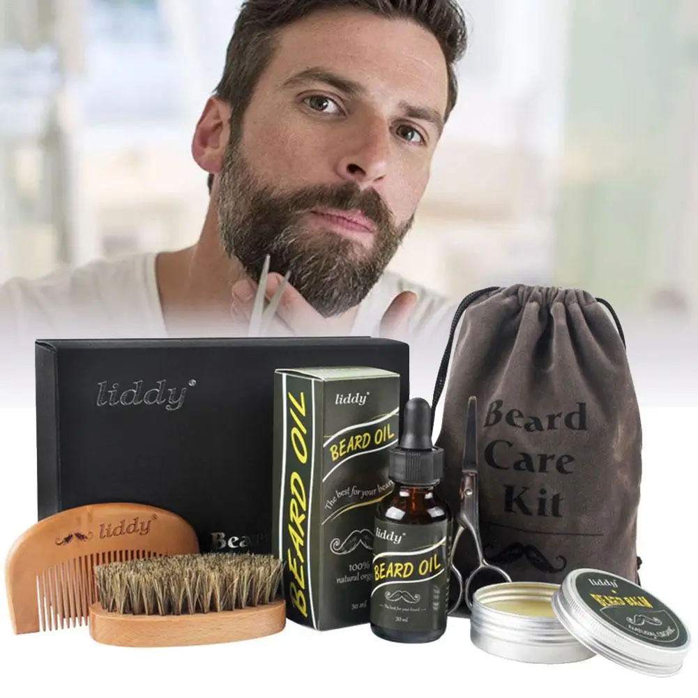 6PCS/Set Men Beard Kit Styling Tool Beard Essence Oil Comb Moustache Balm Moisturizing Wax Styling Scissors Beard Care Tool Set