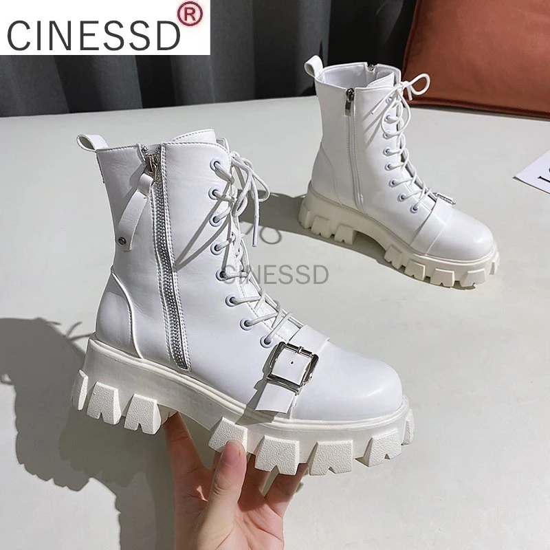 

2021 New Winter Ankle Boots for Women Motorcycle Boots Chunky Heels Casual Lacing Round Toe Platform Boots Shoes Botas De Mujer
