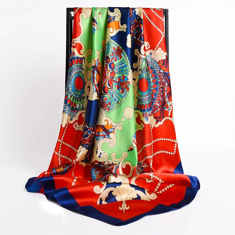 

Women Square Scarf Headband Lady Fashion Print Silk Satin Hijab Wraps Foulard Neckerchief Female Shawls Bandana 2021 New