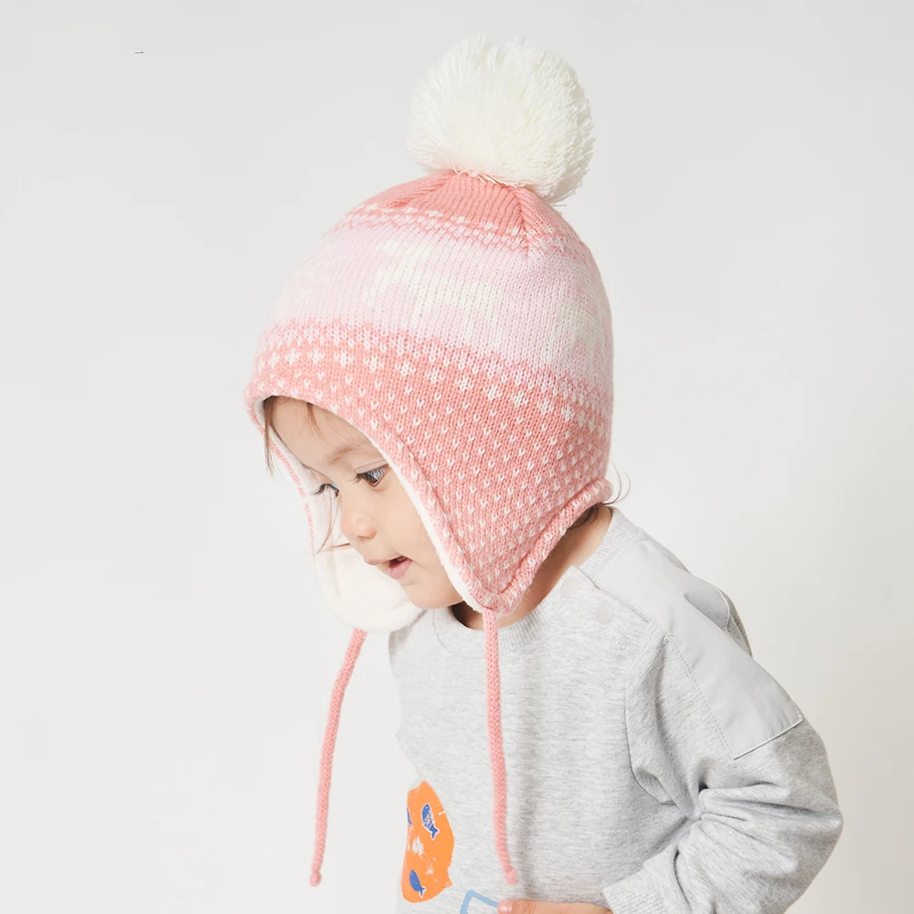 Рождественская Детская зимняя шапка с помпоном хлопковая вязаная детская