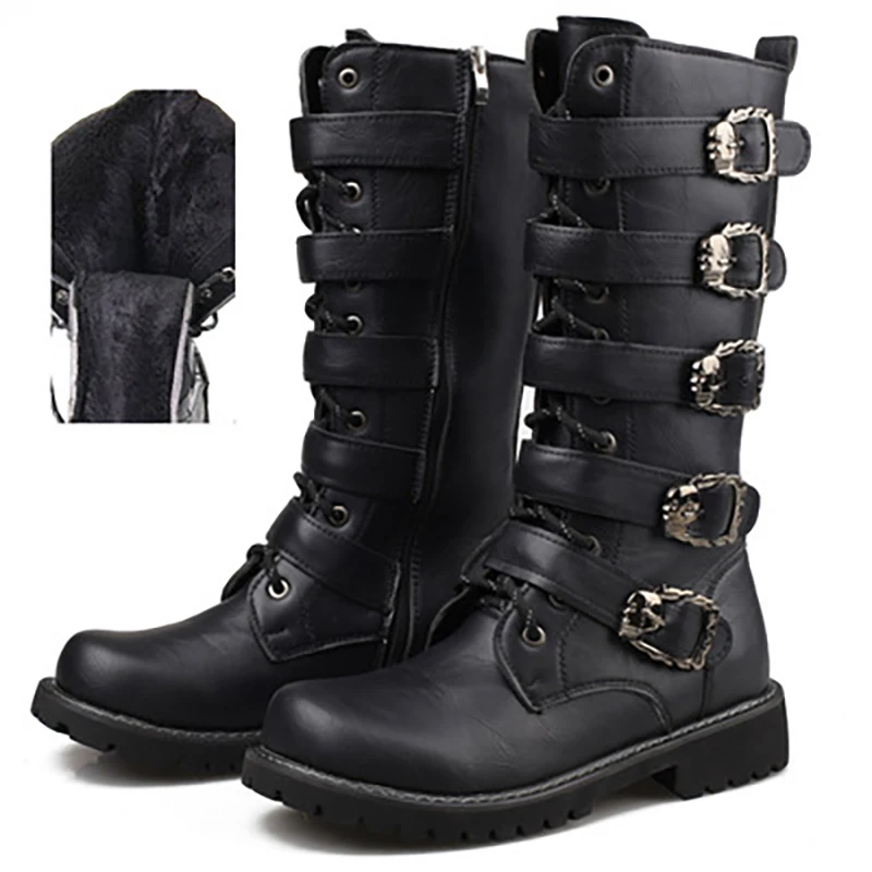 black Plus velvet Мужские сапоги до колена; размеры 38-45; кожаные мужские сапоги в байкерском стиле;#555 - Цвет: black Plus velvet
