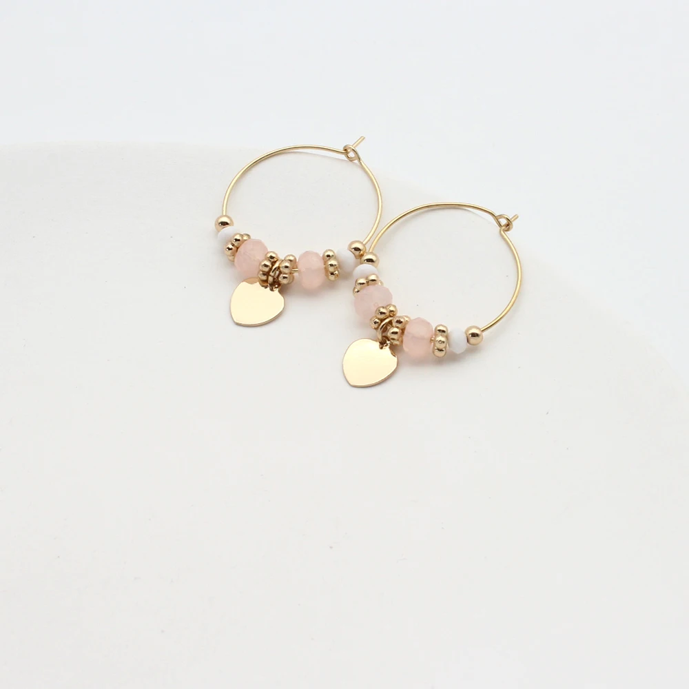

Heart Pendant Earrings Gold Crystal Glass Acrylic Beads Cute Pink Peach Earring Hoop Ear Circle Sweet Ring Beaded Vintage