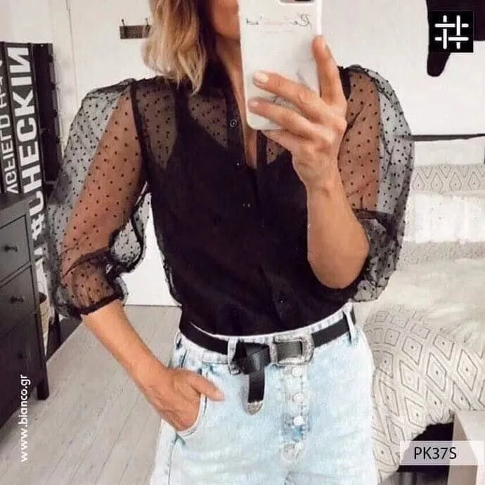 

Women Long Puff Sleeve See-through Sheer Mesh Dot Blouse Tops Shirts
