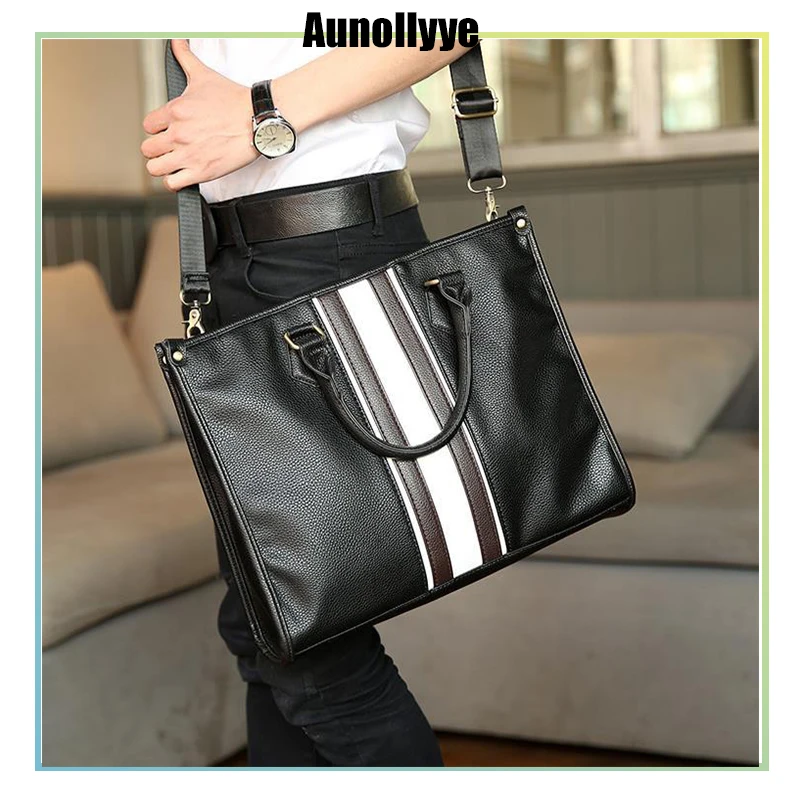 

Luxury Designer Men's PU Leather Briefcase Handbags Male Casual Stripe Shoulder Crossbody Bag Business Office Laptop Tote Bags