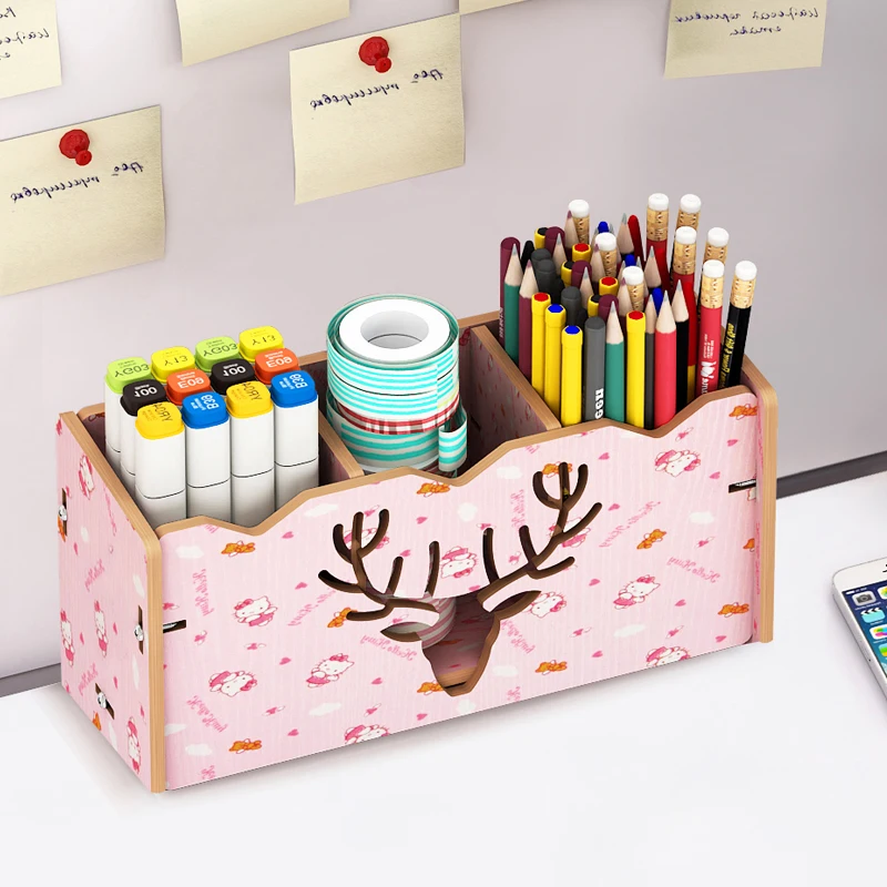 

Wood Pencil Pen Holder for Desk Rustic Pen Organizer With 3 Adjustable Compartment Multi-Functional Desktop Stationery Organizer