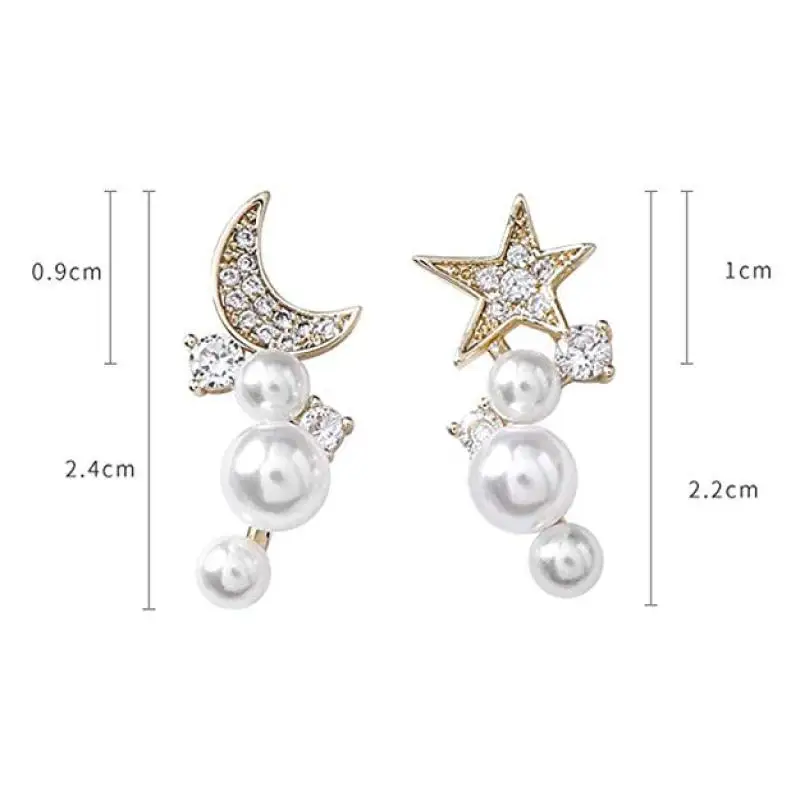 Real Gold Plated Cubic Zirconia Moon Star Pearls 925 Sterling Silver Stud Earrings for Women Girls Wedding Party Jewelry Gift | Украшения и