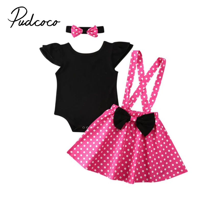 

Pudcoco Toddler Baby Girl Clothes Set Kids Black Short Sleeve Bodysuit Polka Dot Strap Skirt Headband Summer Outfits Costume