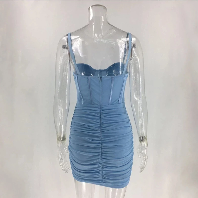 

2021 Mesh Summer Dress Ruched Spaghetti Strap Party Dress Women Backless Strapless Sexy Mini Dresses Pleated Clothes Vestidos