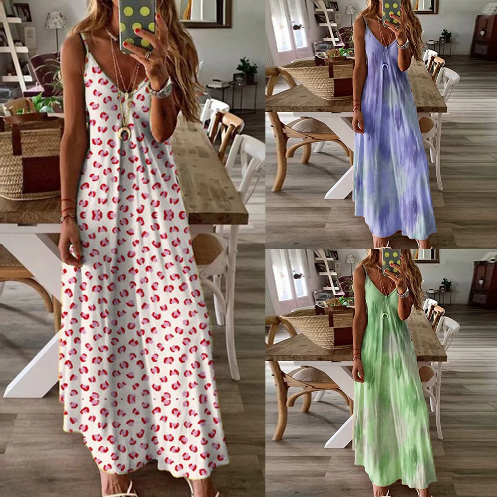

Women Tie-dye Plus Size Long Slip Dress Lady Loose Beach Maxi Boho Sundress Leopard Print V-neck Spaghetti Strap Maxi Dress D30