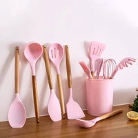 11pcs silicone cooking utensils set pink solid wood handle with storage box kitchenware kit kitchen tools accessories