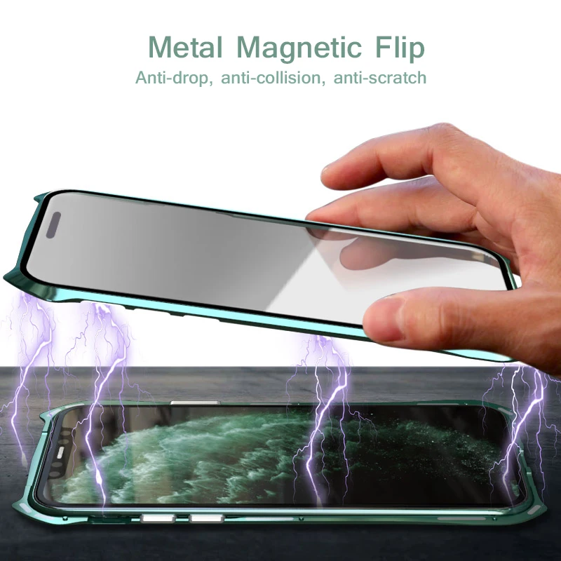For iPhone 11 Pro Max Case Bat Style Slim Metal Frame Anti-explosion Tempered Glass Full Body With Magnetic Adsorption | Мобильные