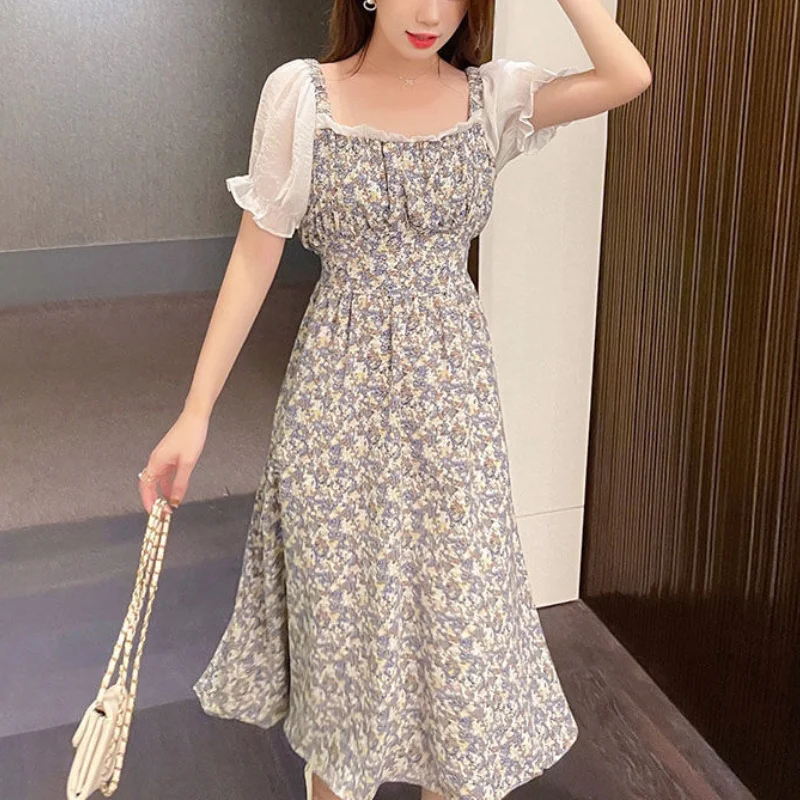 

French Vintage Long Dress Women Patchwork Design Korean Floral Dress Female Puff Sleeve Slim Casual One-piece Dress Summer 2021