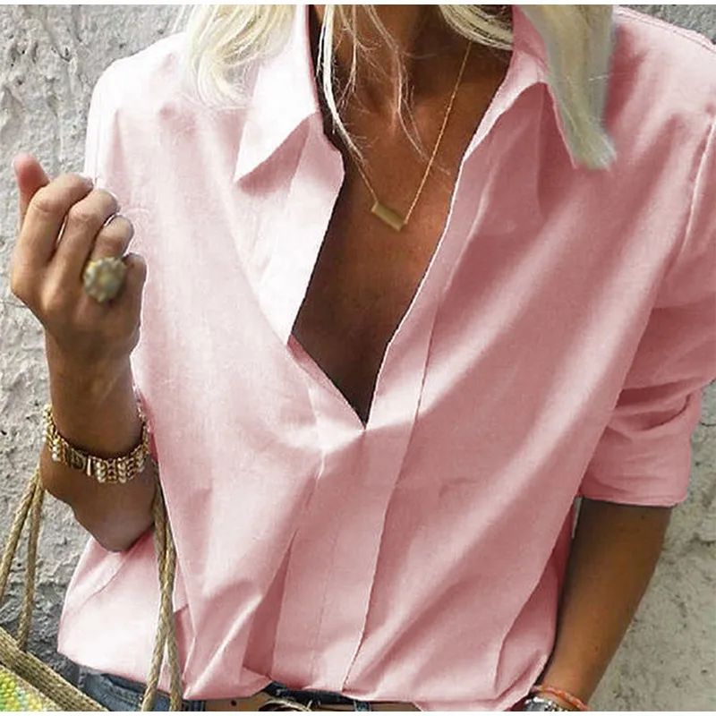 solid pink Весенняя женская блузка для отдыха, топы, женские офисные блузки с цепным принтом, женские стильные блузки с длинным рукавом, женские 5XL - Цвет: solid pink