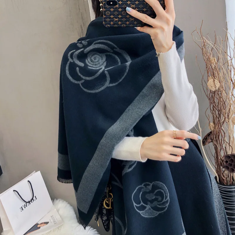 

New type of cashmere-like lady scarf with camellia flowers in autumn and winter in2019,Thickening AirConditioning Shawl Dual Use