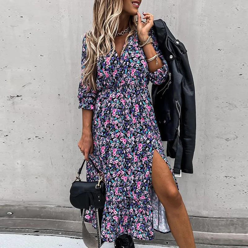 Пикантная Осенняя женская одежда Maxivestido открывающийся сбоку ретро цветочный