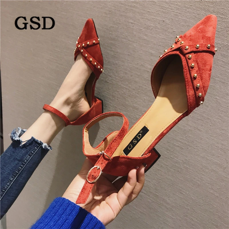 

Newest Summer Shoes Woman Fashion Female Pumps Rivet Shallow Square Heel Buckle Strap Ladies Work Two Piece Shoes Footwear