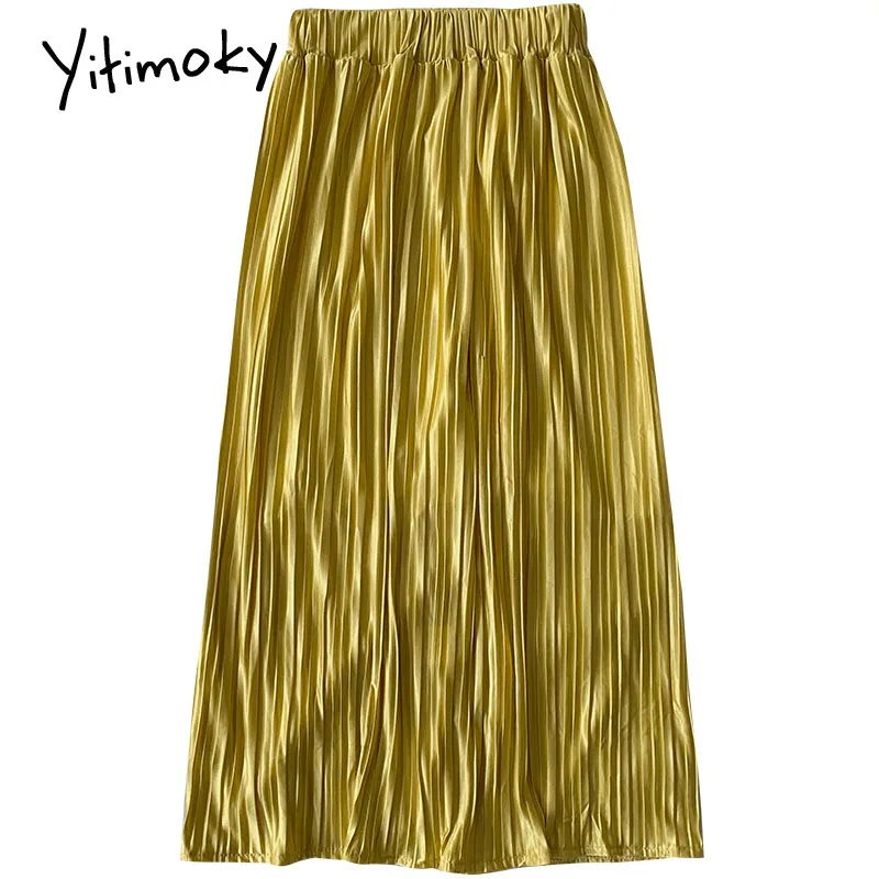 

Yitimoky Midi Skirt Womens 2021 Spring Korean Elastic High Waist Casual Side Split Skirt Solid A-Line Mid-Calf Skirts Clothes