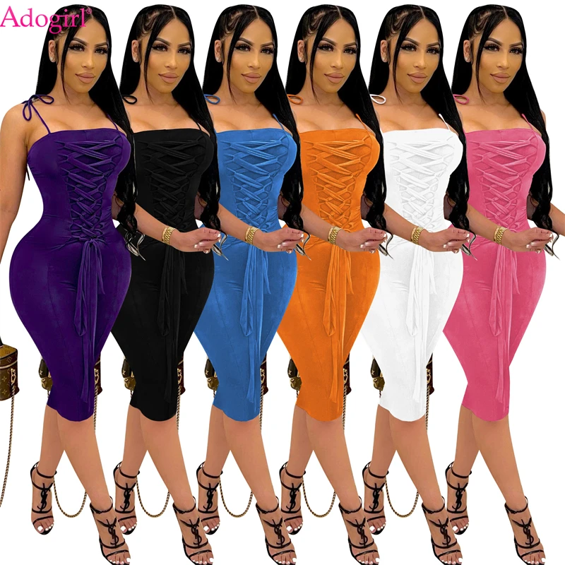 

Adogirl Women Solid Lace Up Strapless Bodycon Camisole Midi Dress Fashion Sexy Summer Tight Night Club Party Knee Length Vestido