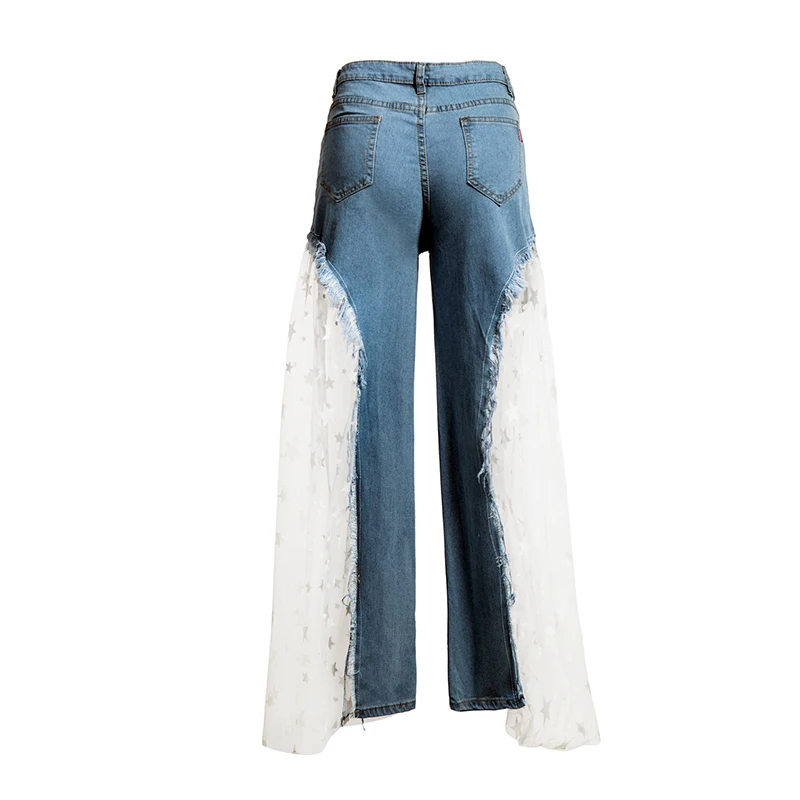 

New Casual Lace Mesh Sequin Star Spliced Jeans Women Sexy Ripped Burr Tansparent High Waist Elegant Denim Wide Leg Long Pants