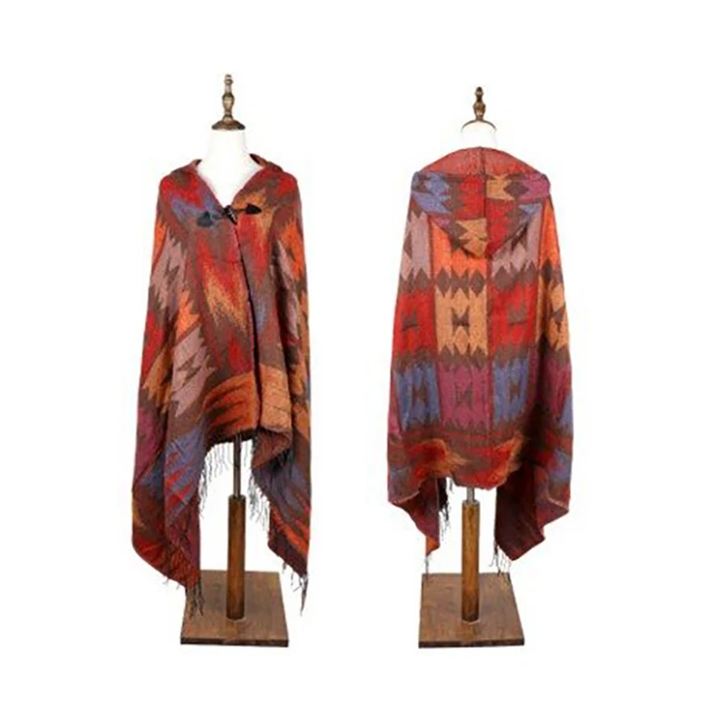 Ladies Warm Winter Scarf imitation Cashmere Bohemian National Wind Hooded Horn Buckle Cloak Travel Air Conditioning Shawl | Аксессуары