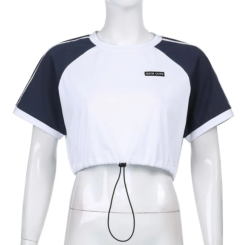 

Gothblack Summer Women Patchwork Casual Crop Top Fashion O Neck Bodycon Short Sleeve Drawstring Tshirt Chic Street Slim Tops