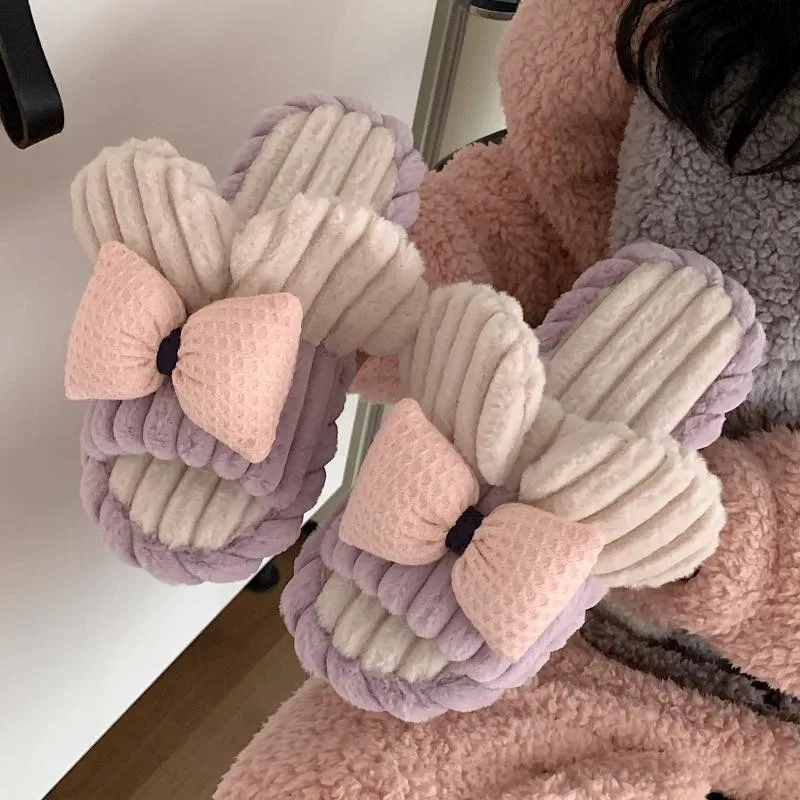 

Winter Women Home Cotton Slippers Hairy Warm Plush Flat Slides Cute Bowknot Floor Shoes Memory Foam Furry Slippers With Ears