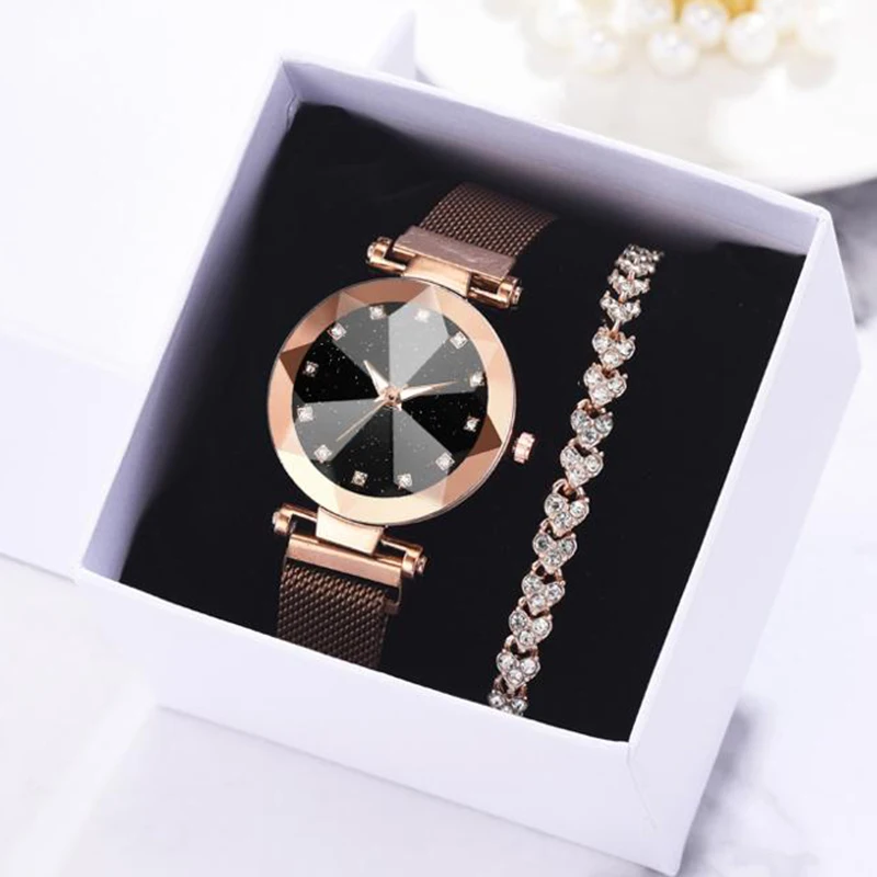 

2 шт. часы браслет комплект роскошные женские часы Звездное небо магнитные часы пряжка модные стразы браслет наручные часы платье часы