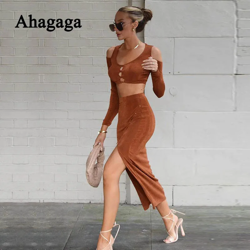 

Ahagaga 2021 Autumn Two Piece Matching Set Women Fashion Hollow Out Off Shoulder Short T-shirt + Long Skirt Outfits Tracksuits