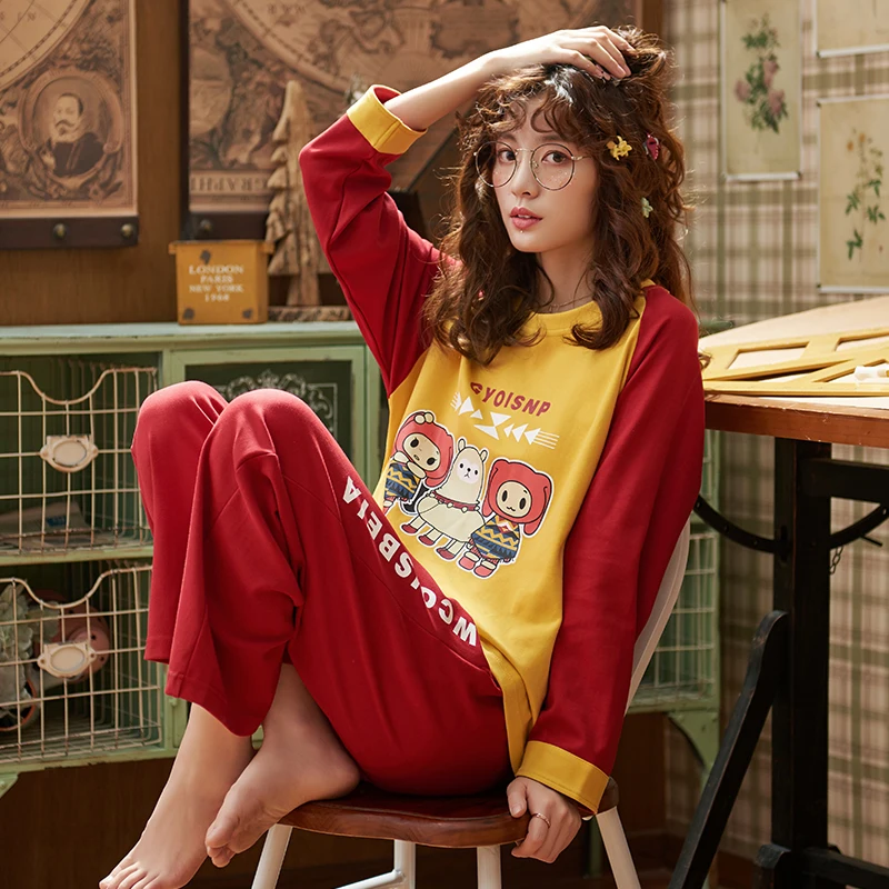 Женский пижамный комплект WAVMIT свободный из хлопка с длинными рукавами на