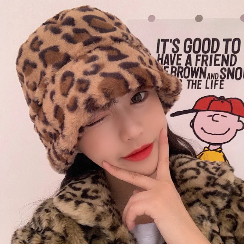 

2020 Winter Ladies Hat Leopard Print Rabbit Fur Fisherman Hat Brown Leopard Print Cute Girl Warm Basin Hat Bucket Korea Japan
