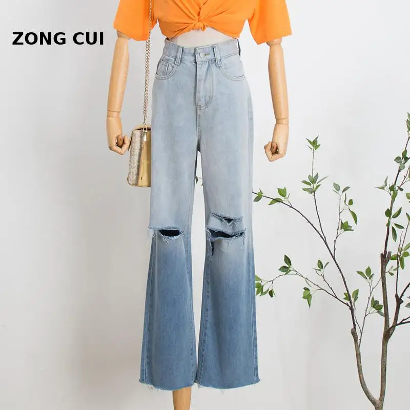 

Fashion Women Hollow Ripped Blue Denim Jeans Pants Trousers High Waist Lady Pants Pantalon Korean gradient straight jeans 2021