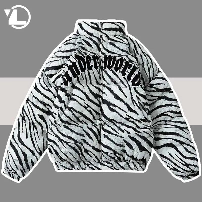 Zebra Pattern Parkas Men Hip Hop Streetwear Cotton Padded Zipper Parka Coats Harajuku Winter Embroidery Thick Warm Tops Outwear