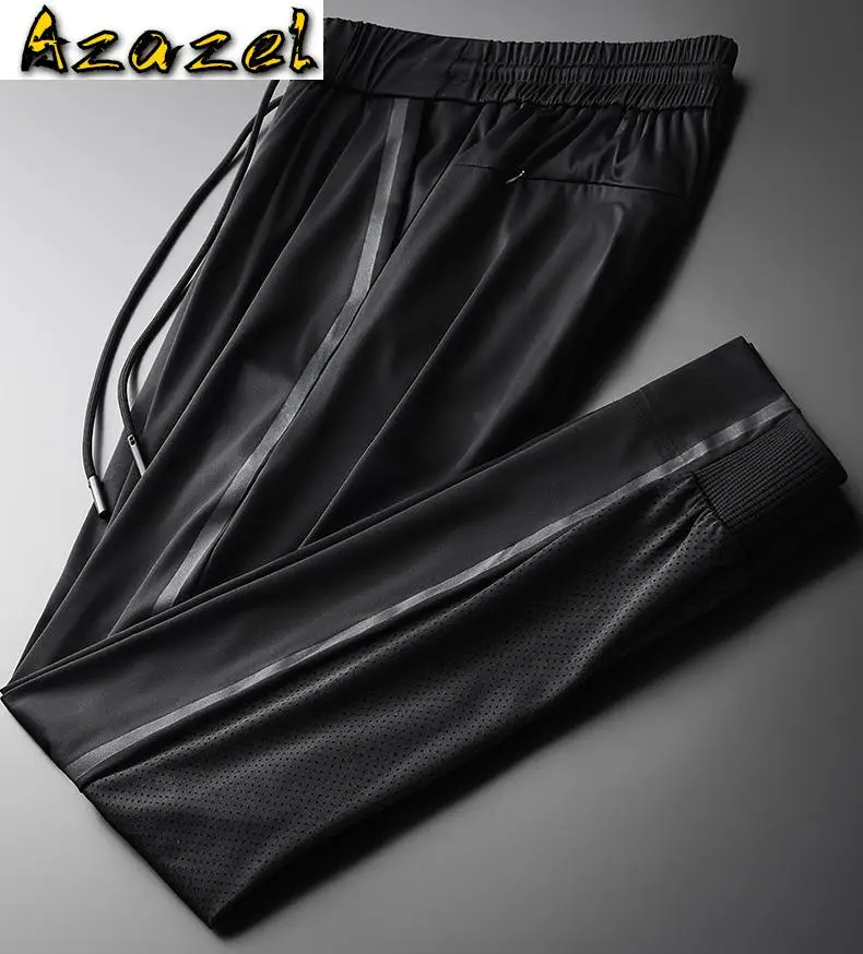Azazel Summer Mens Pants Luxury Black Silky Fabric Back Laser Punch Casual Men's Trousers Plus Size 4xl Elastic Waist Sport Pant