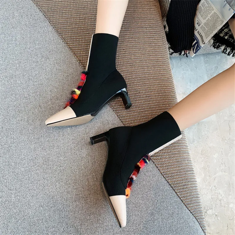 Женские ботильоны эластичная ткань ботинки для носки черный мех шнуровка